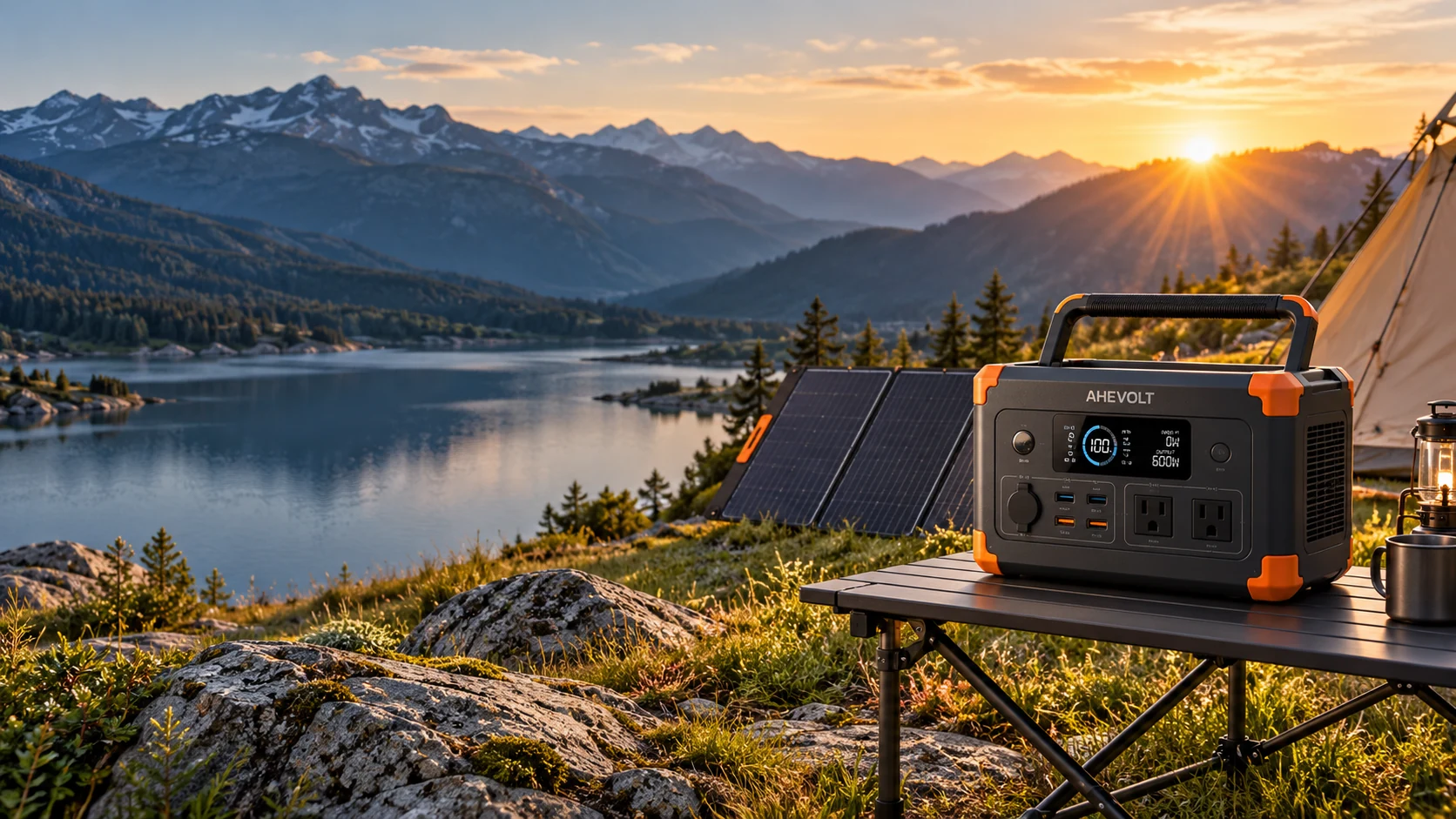 高山湖畔营地中的 AHEVOLT 电源与太阳能板